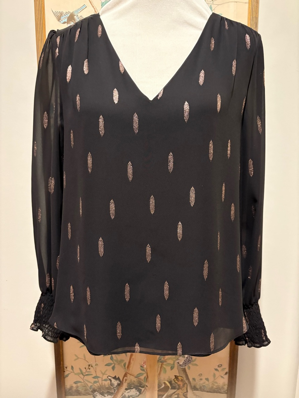 1 State V neck blouse black with metallic design size medium